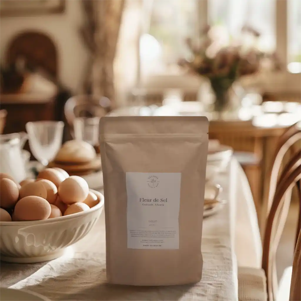 Eine Packung Fleur de Sel auf einem Frühstückstisch in warmem Licht
