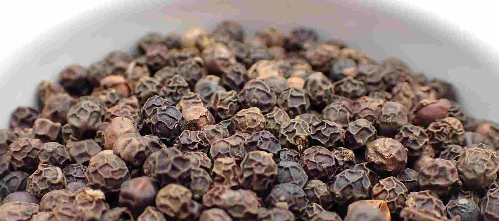 schwarze Pfefferkörner in einer weißen Porzellanschale 