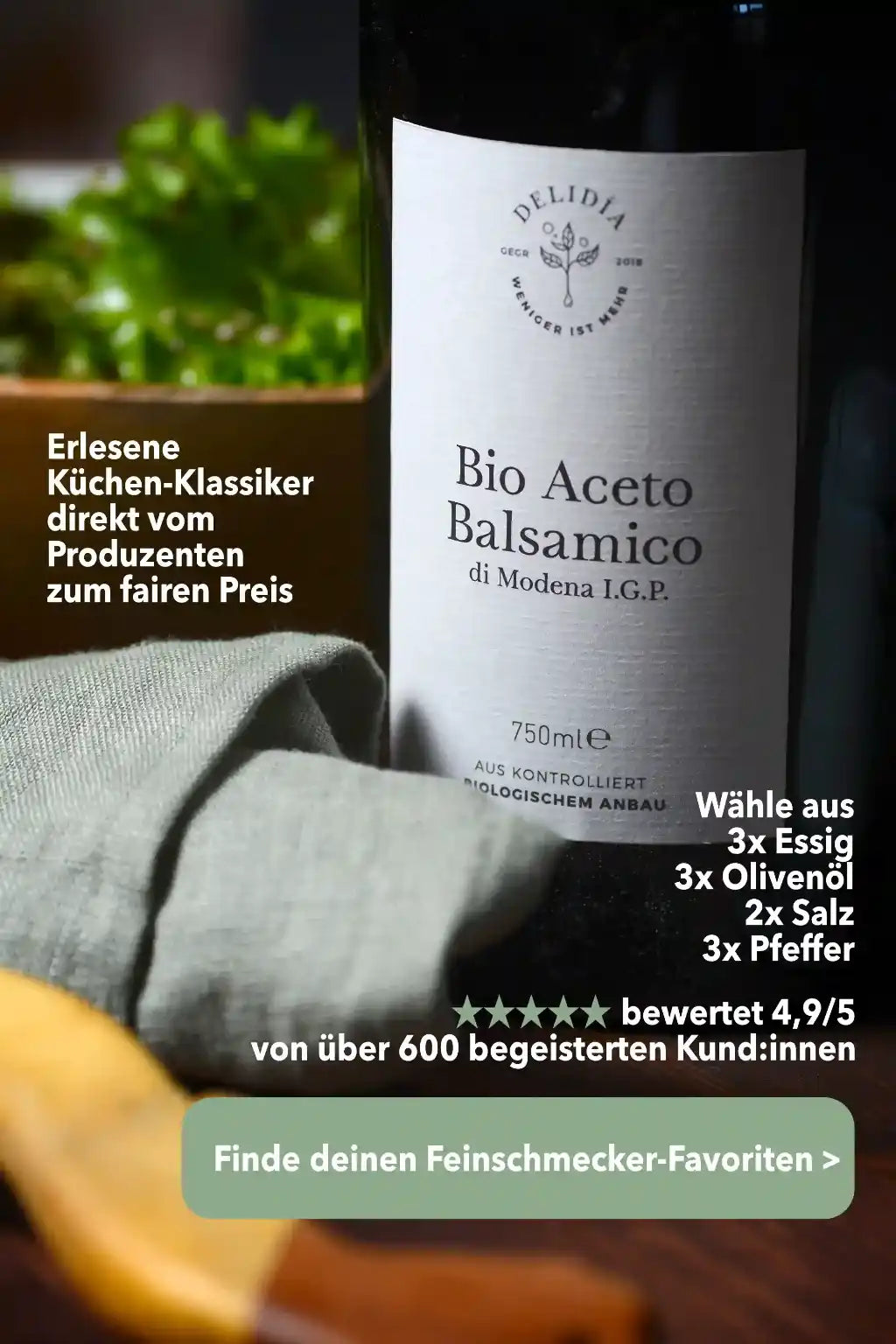 Delidia Balsamico Flasche vor Salat